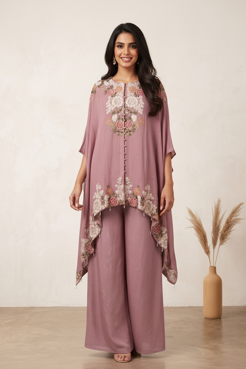 Dusky Pink Kora Silk Kaftan- Flared Palazzo Pants