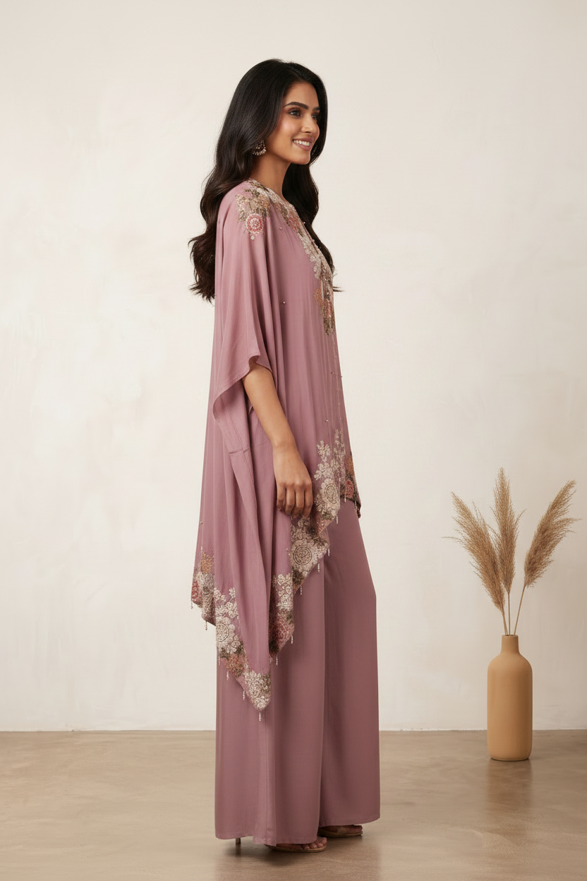 Dusky Pink Kora Silk Kaftan- Flared Palazzo Pants