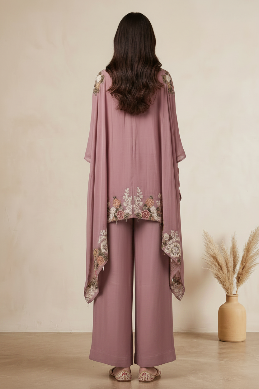 Dusky Pink Kora Silk Kaftan- Flared Palazzo Pants