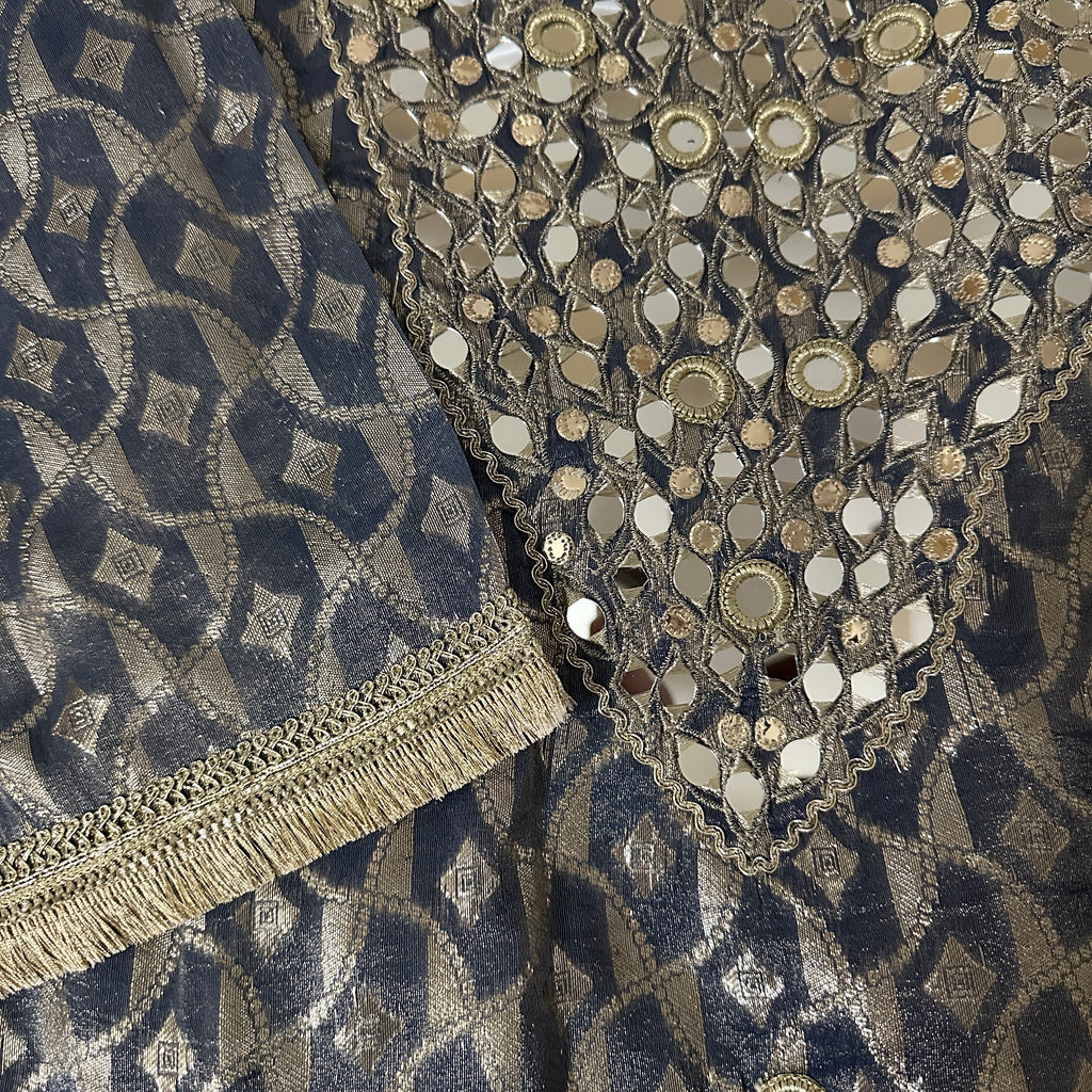 Blue Grey Jacquard Mirror Work Set With Dupatta – Flared Palazzo