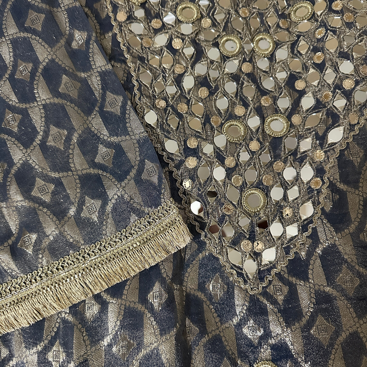 Blue Grey Jacquard Mirror Work Set With Dupatta – Flared Palazzo