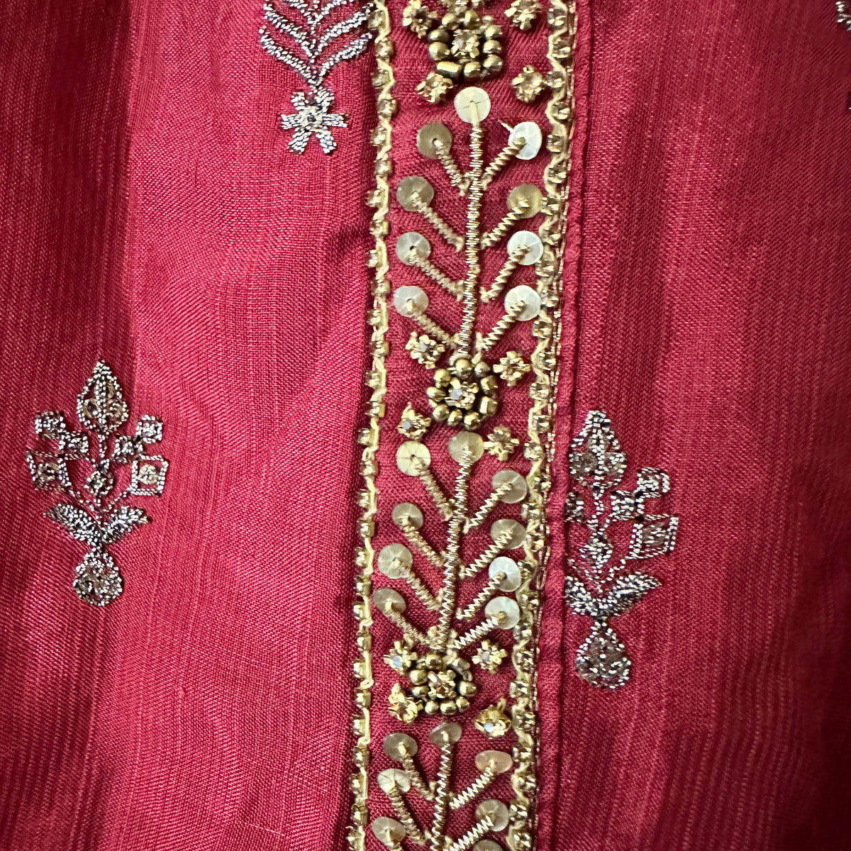 Brick Red  Zari & Mirror Work Kurti With Dupatta