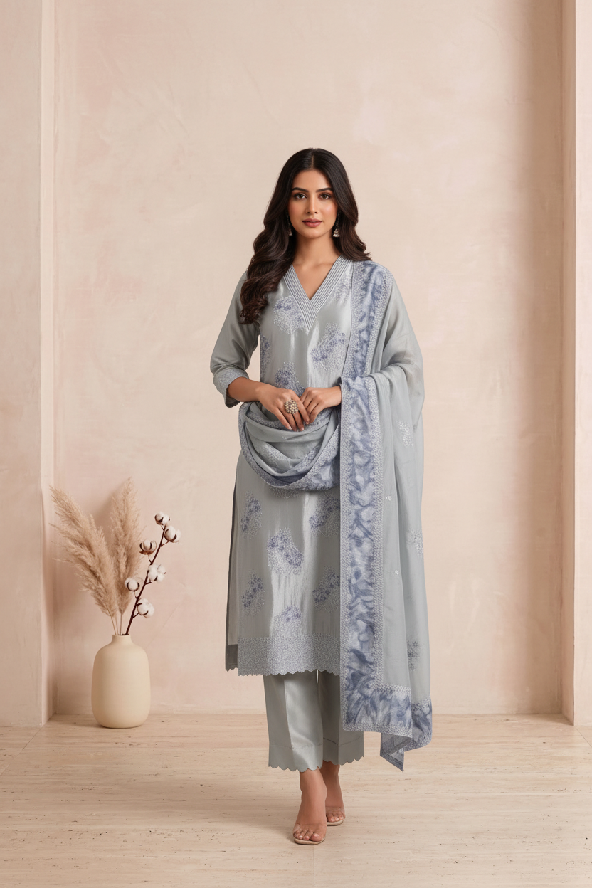 Grey Organza Applique Work Set with Dupatta - Straight Pants
