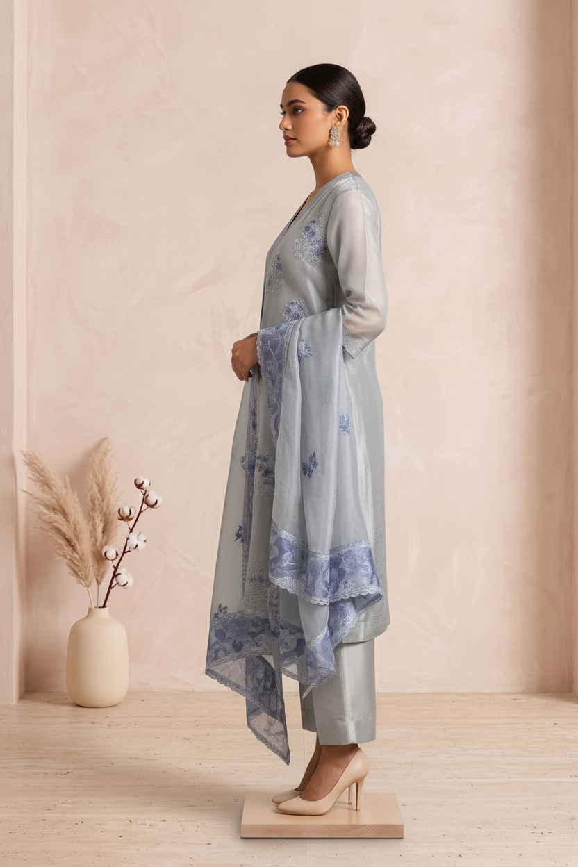 Grey Organza Applique Work Set with Dupatta - Straight Pants