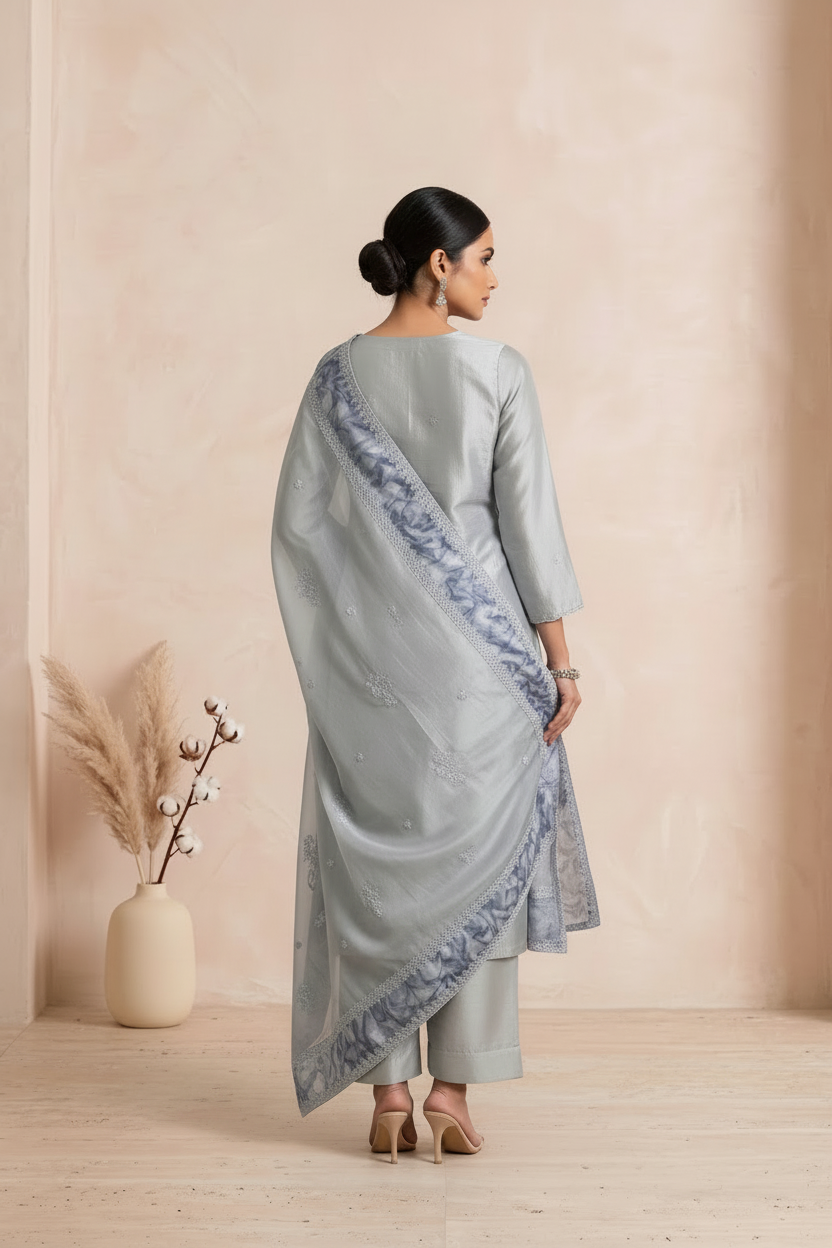 Grey Organza Applique Work Set with Dupatta - Straight Pants