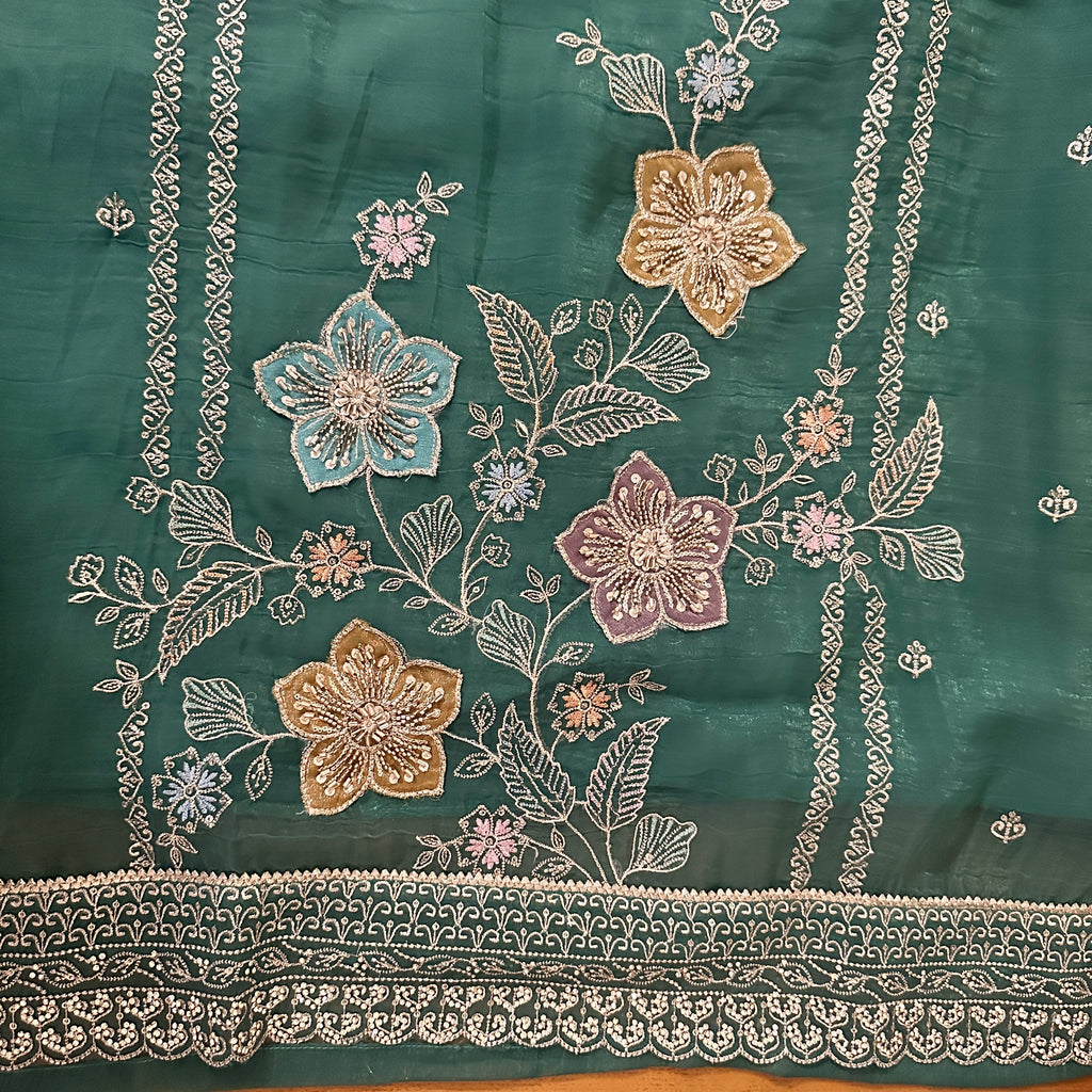 Emerald Green Organza Silk Appliqué, Thread And Stone Embroidery Set With Dupatta – Salwar