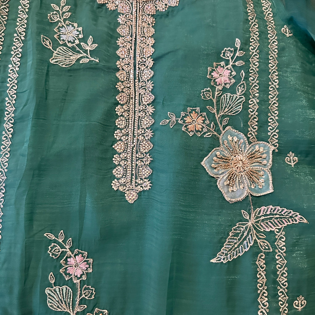 Emerald Green Organza Silk Appliqué, Thread And Stone Embroidery Set With Dupatta – Salwar