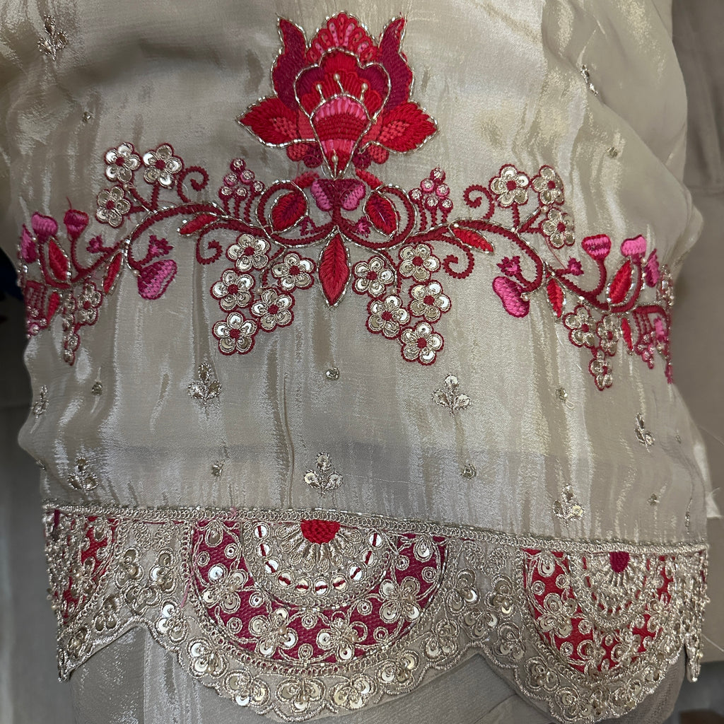 Warm Grey Chinon Silk Embroidered Set with Dupatta – Flare Palazzo