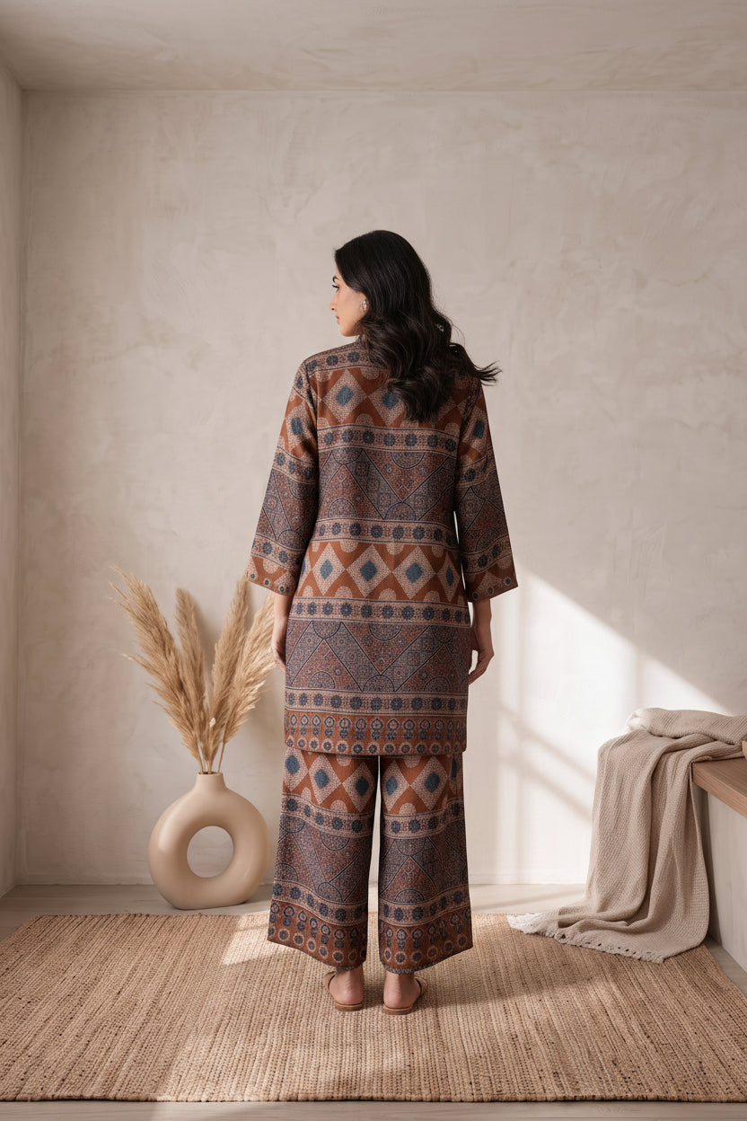 Brown & Green Printed Modal Blend Co-Ord Set -Straight Pants