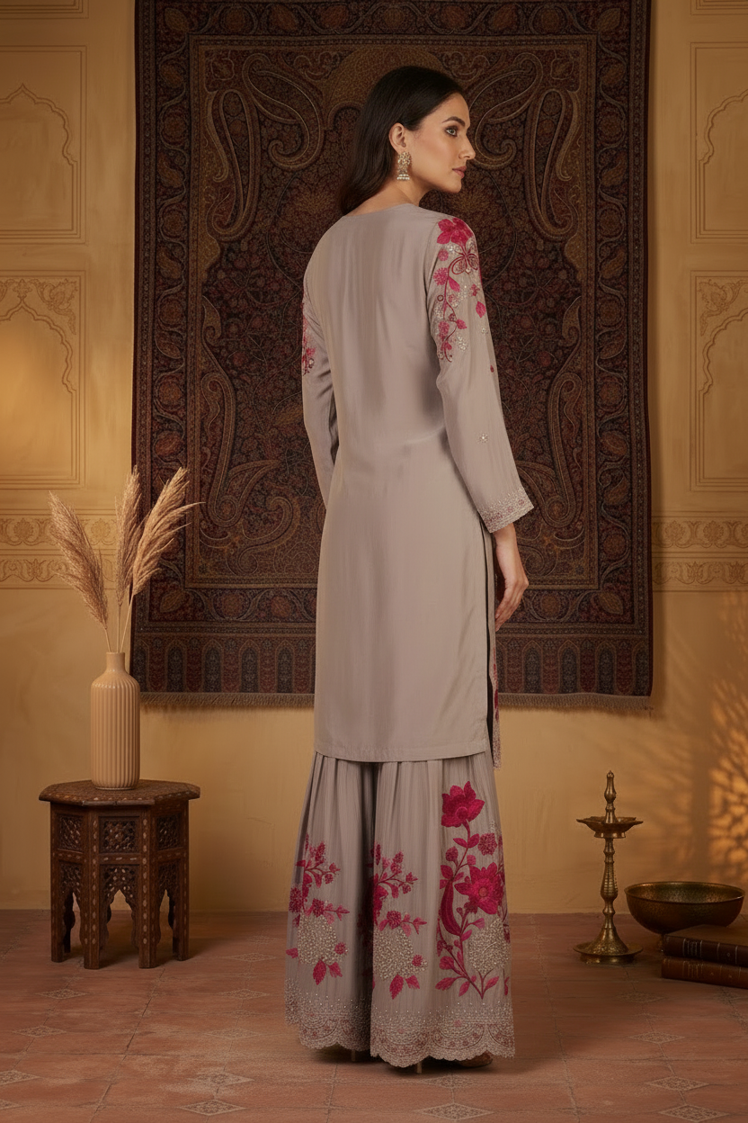 Warm Grey Chinon Silk Embroidered Set with Dupatta – Flare Palazzo