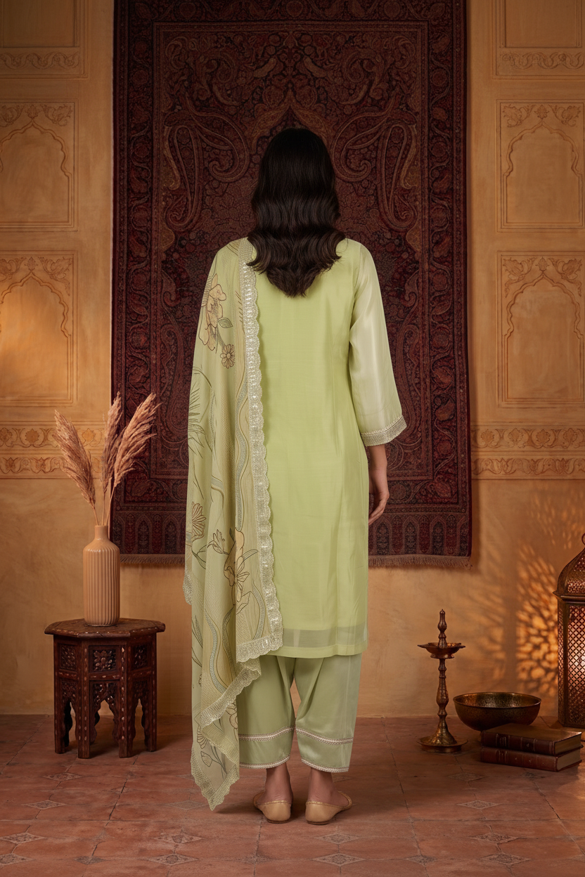 Fluorescent Green Crushed Organza Embroidered Set with Dupatta – Farsi Salwar