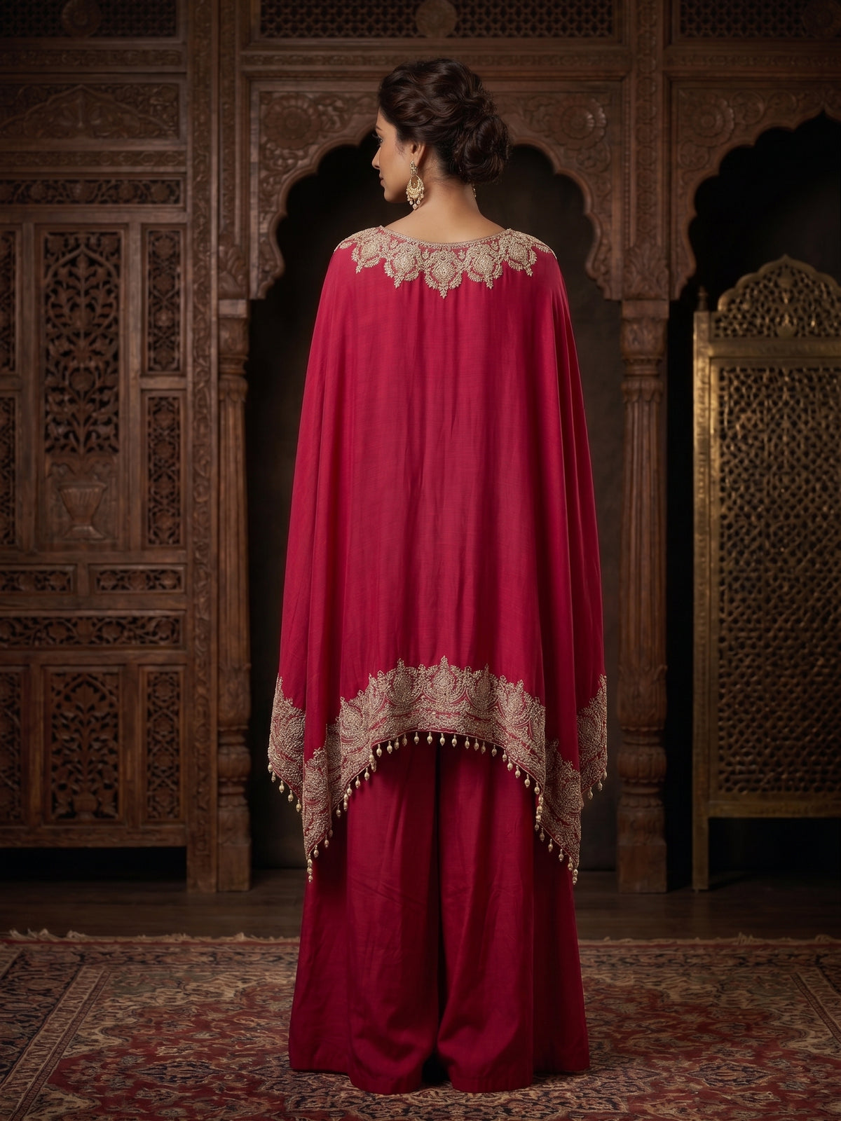 Dark Hot Pink Embroidered Cotton Silk Kaftan-Flared Palazzo