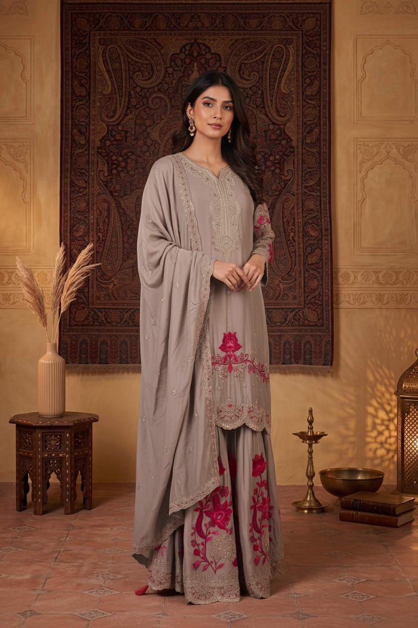 Warm Grey Chinon Silk Embroidered Set with Dupatta – Flare Palazzo