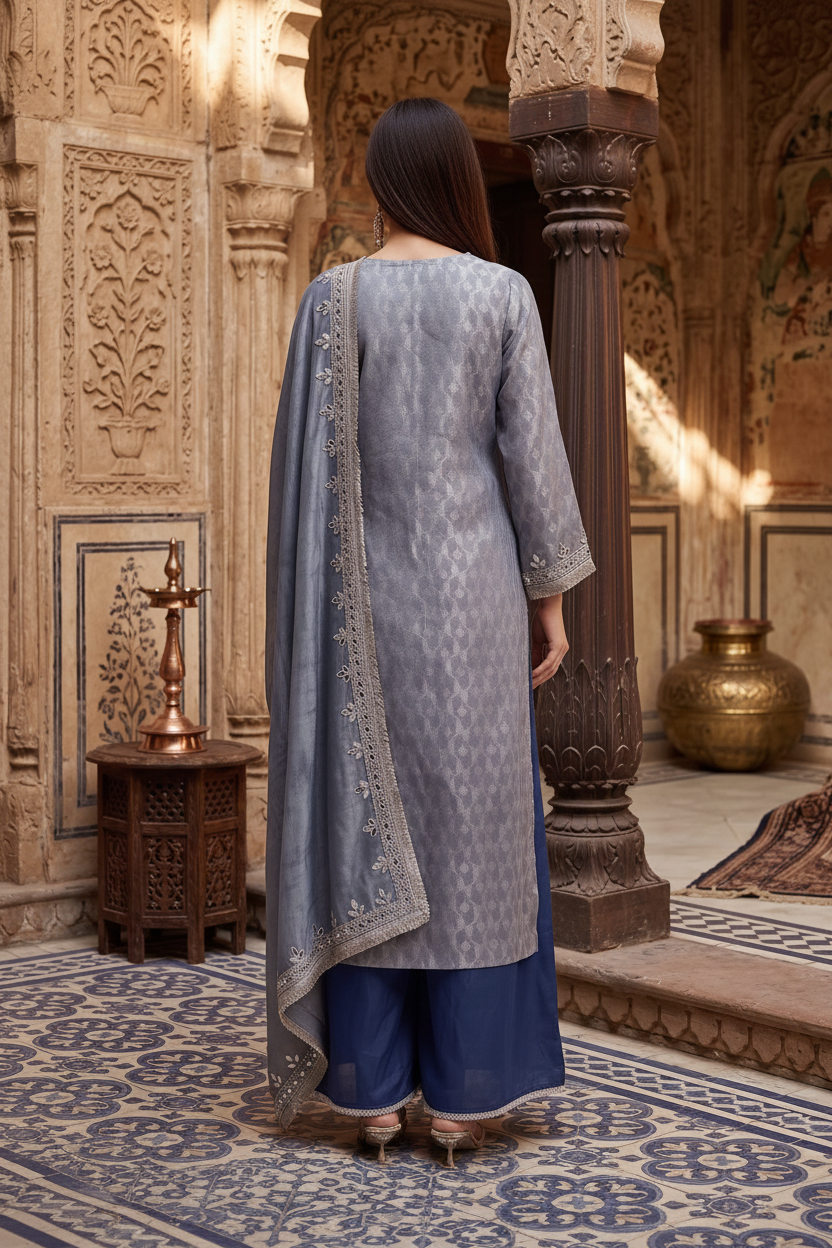 Blue Grey Jacquard Mirror Work Set With Dupatta – Flared Palazzo