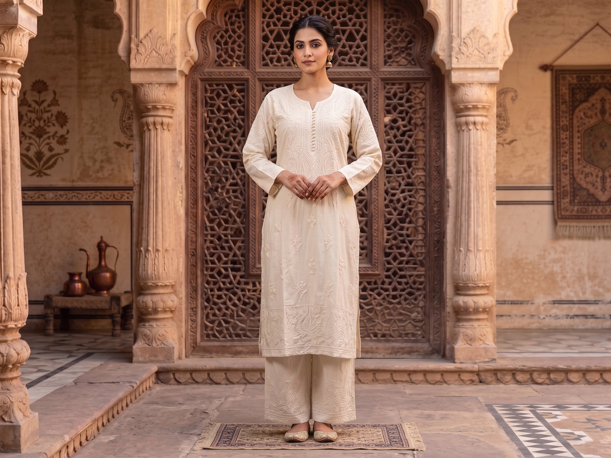 Cream Aari Work Suit– Straight Palazzo