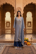 Blue Grey Jacquard Mirror Work Set With Dupatta – Flared Palazzo