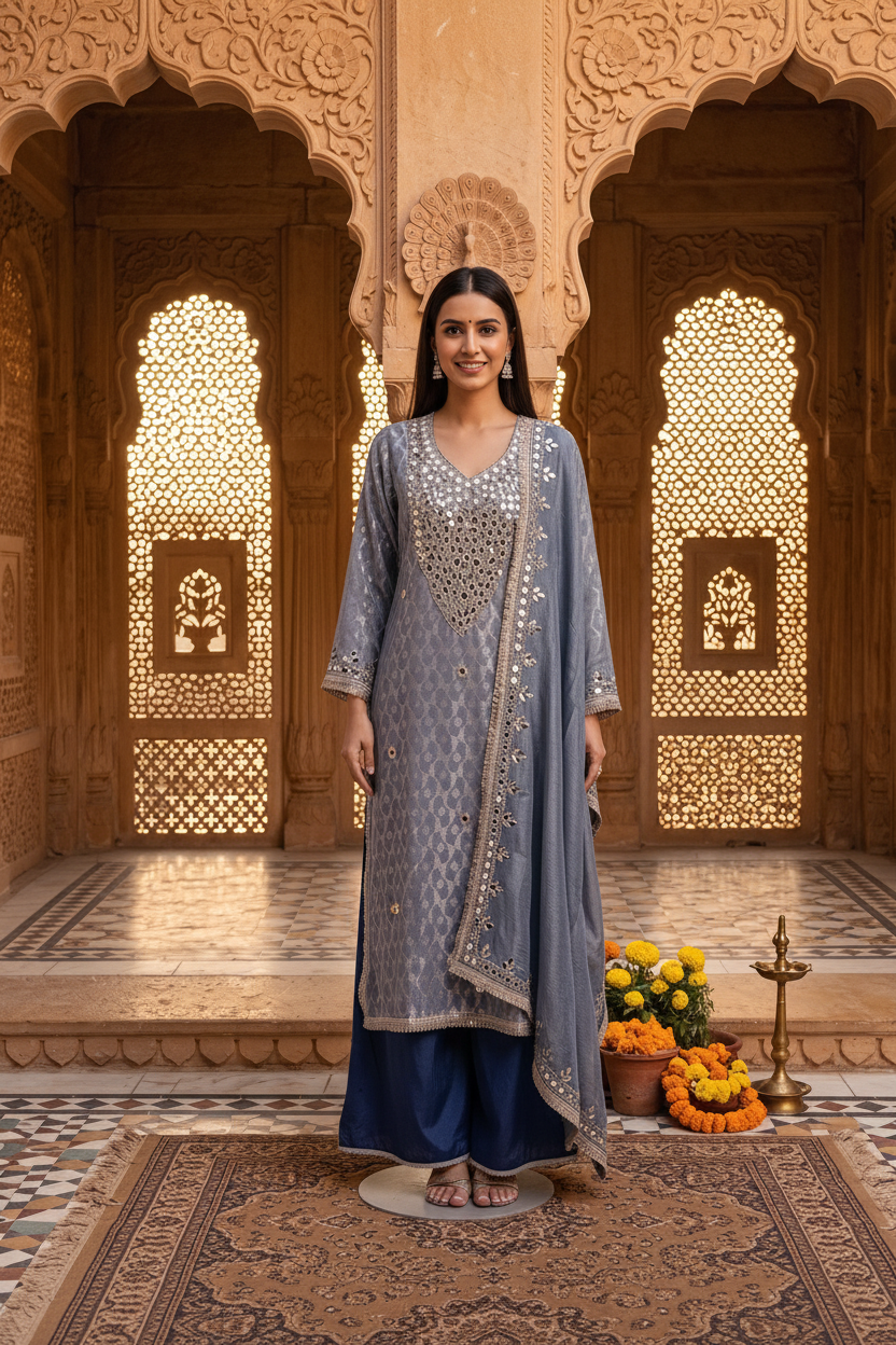 Blue Grey Jacquard Mirror Work Set With Dupatta – Flared Palazzo