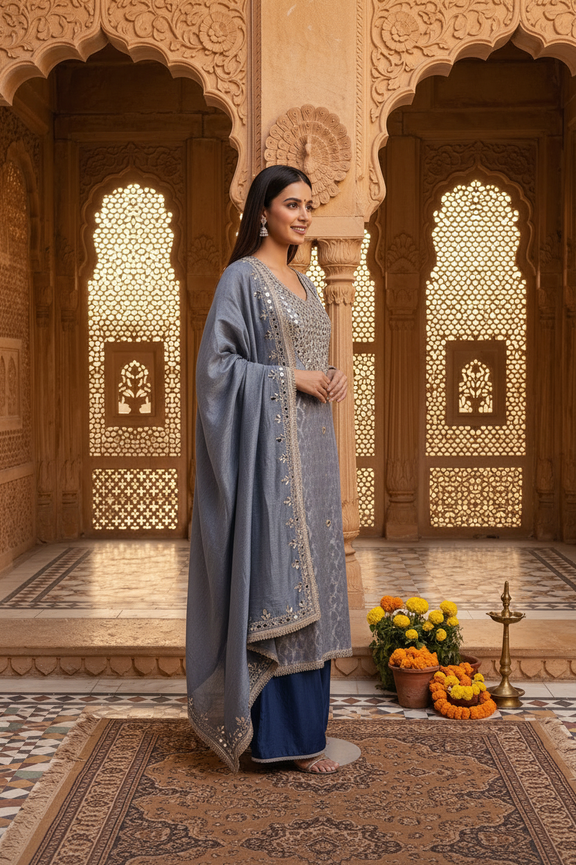 Blue Grey Jacquard Mirror Work Set With Dupatta – Flared Palazzo