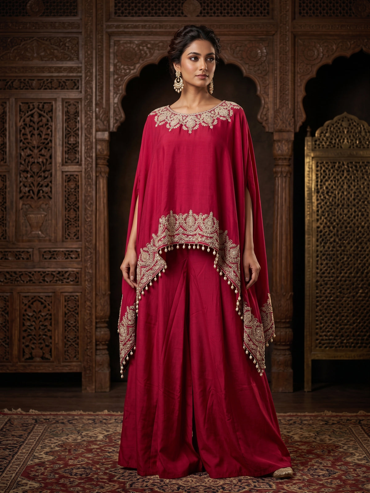 Dark Hot Pink Embroidered Cotton Silk Kaftan-Flared Palazzo