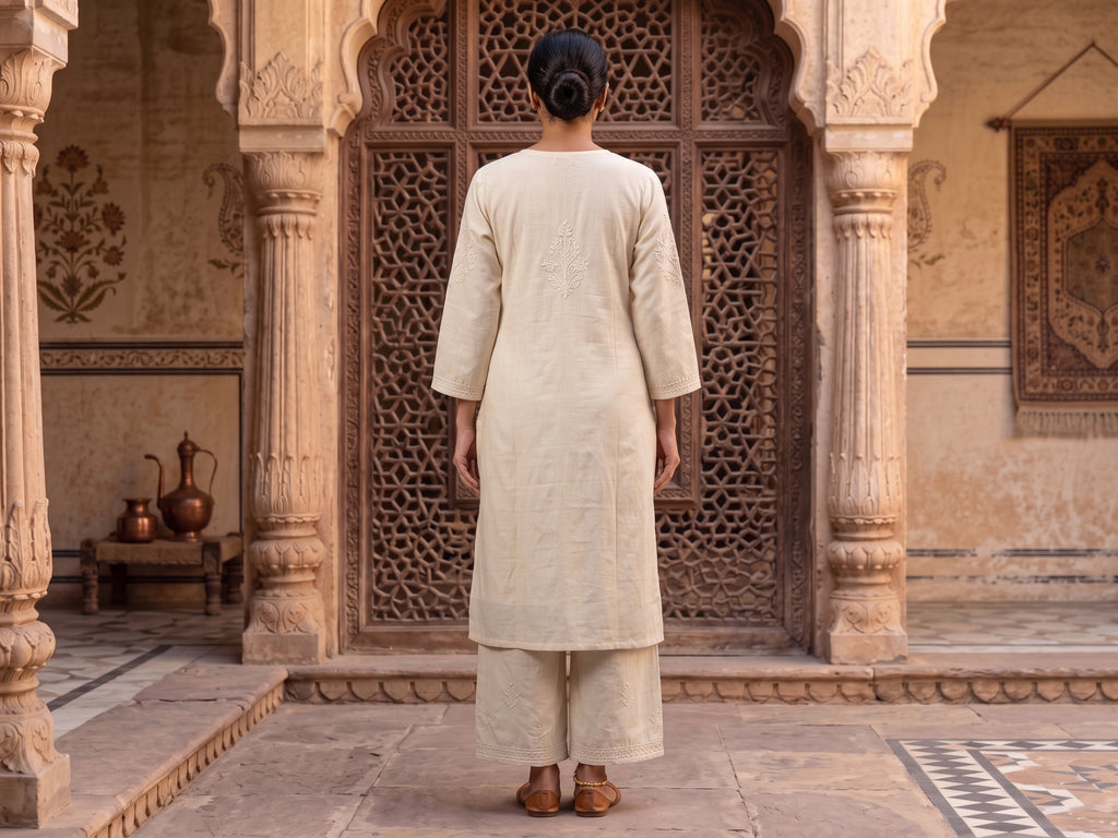 Cream Aari Work Suit– Straight Palazzo