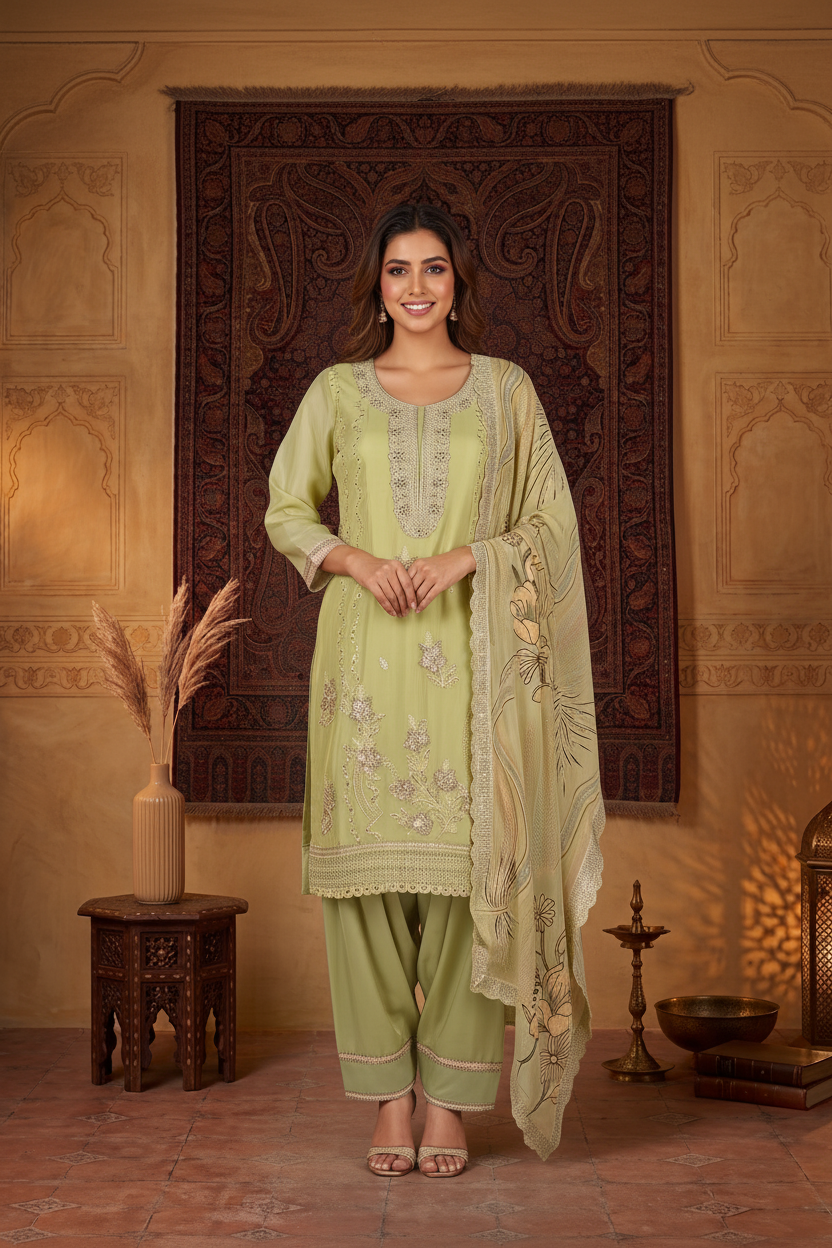 Fluorescent Green Crushed Organza Embroidered Set with Dupatta – Farsi Salwar