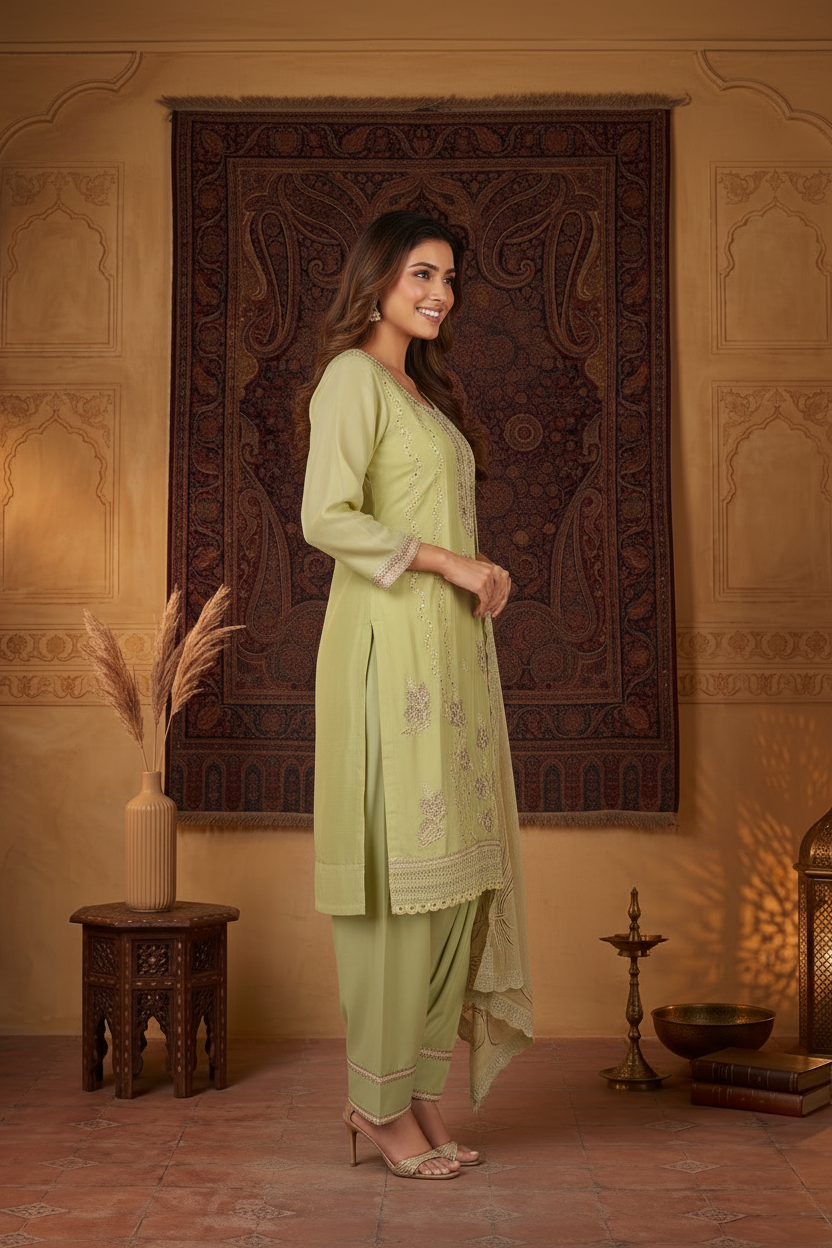 Fluorescent Green Crushed Organza Embroidered Set with Dupatta – Farsi Salwar