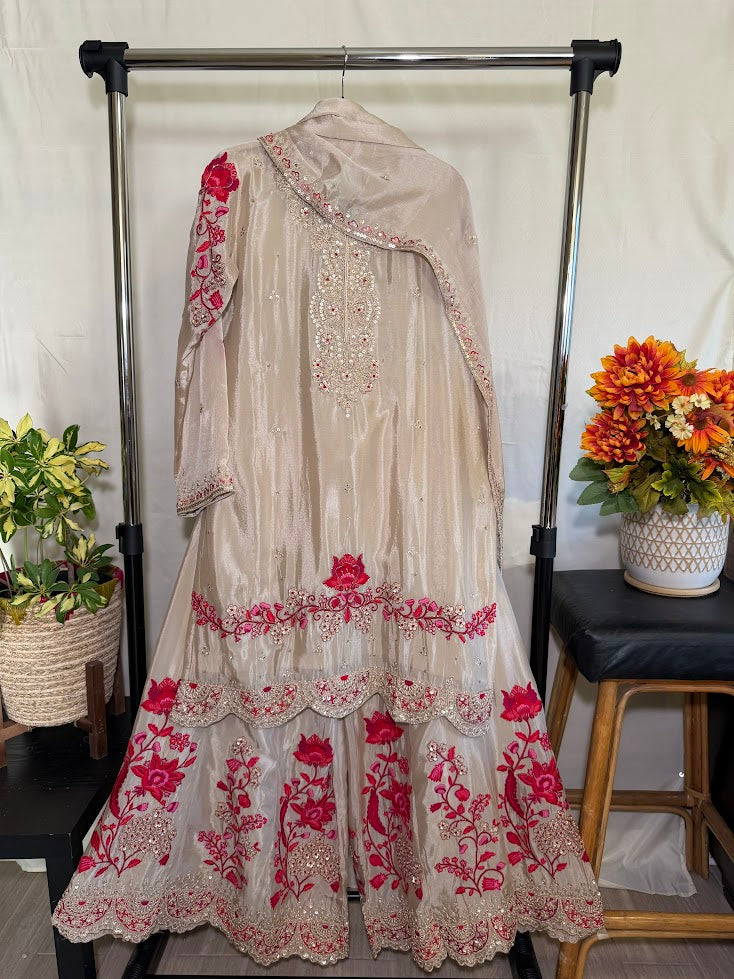 Warm Grey Chinon Silk Embroidered Set with Dupatta – Flare Palazzo