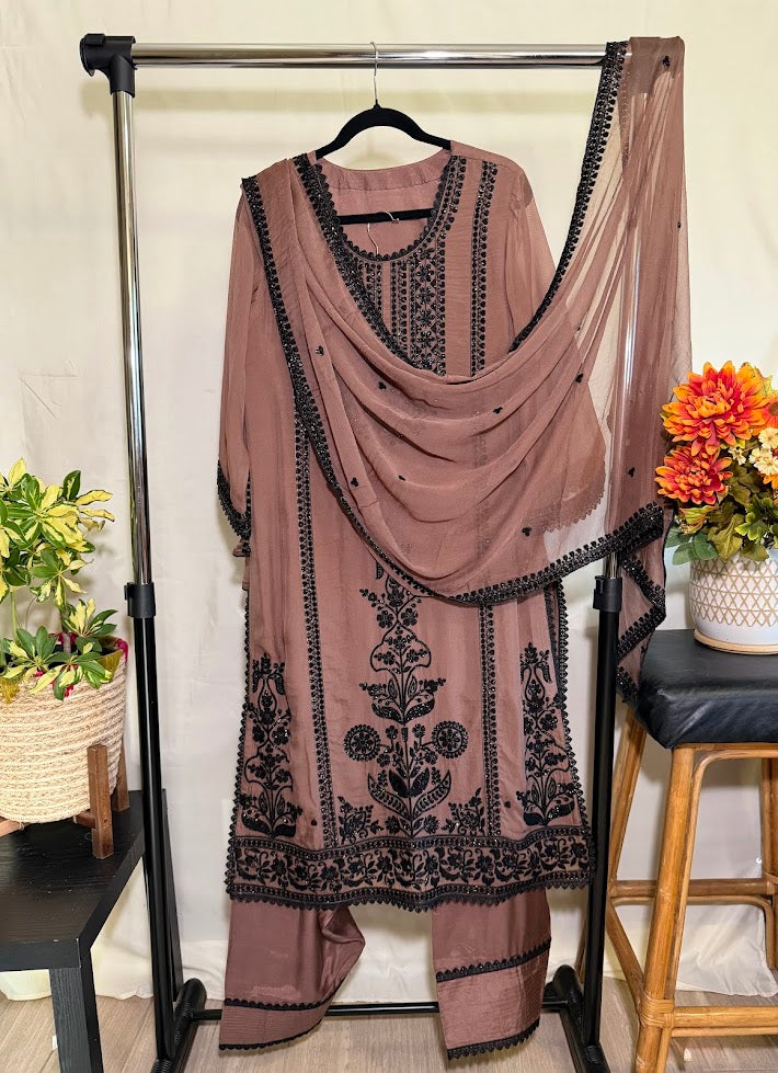 Brown Soft Organza Suit With Dupatta – Farsi Salwar