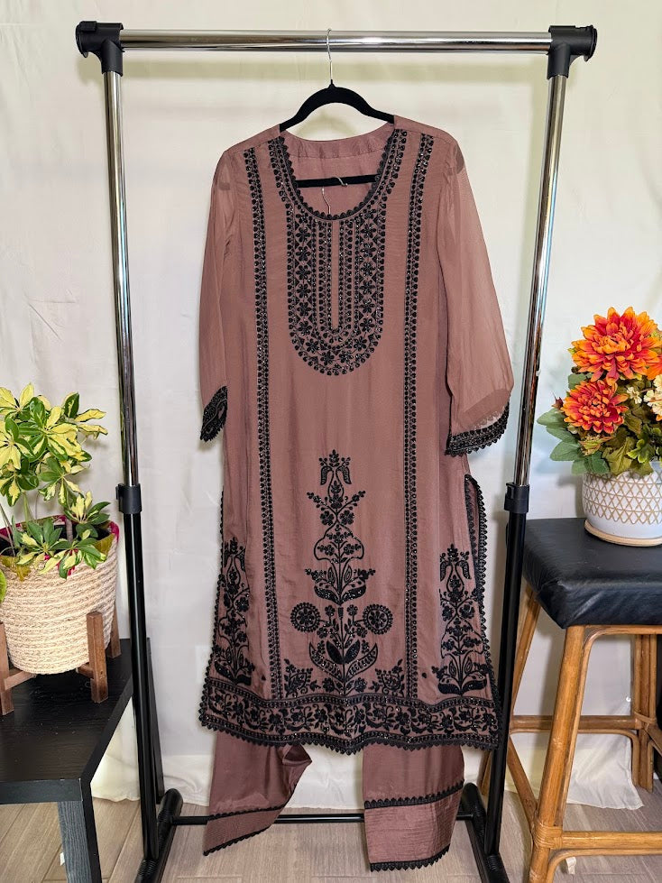 Brown Soft Organza Suit With Dupatta – Farsi Salwar