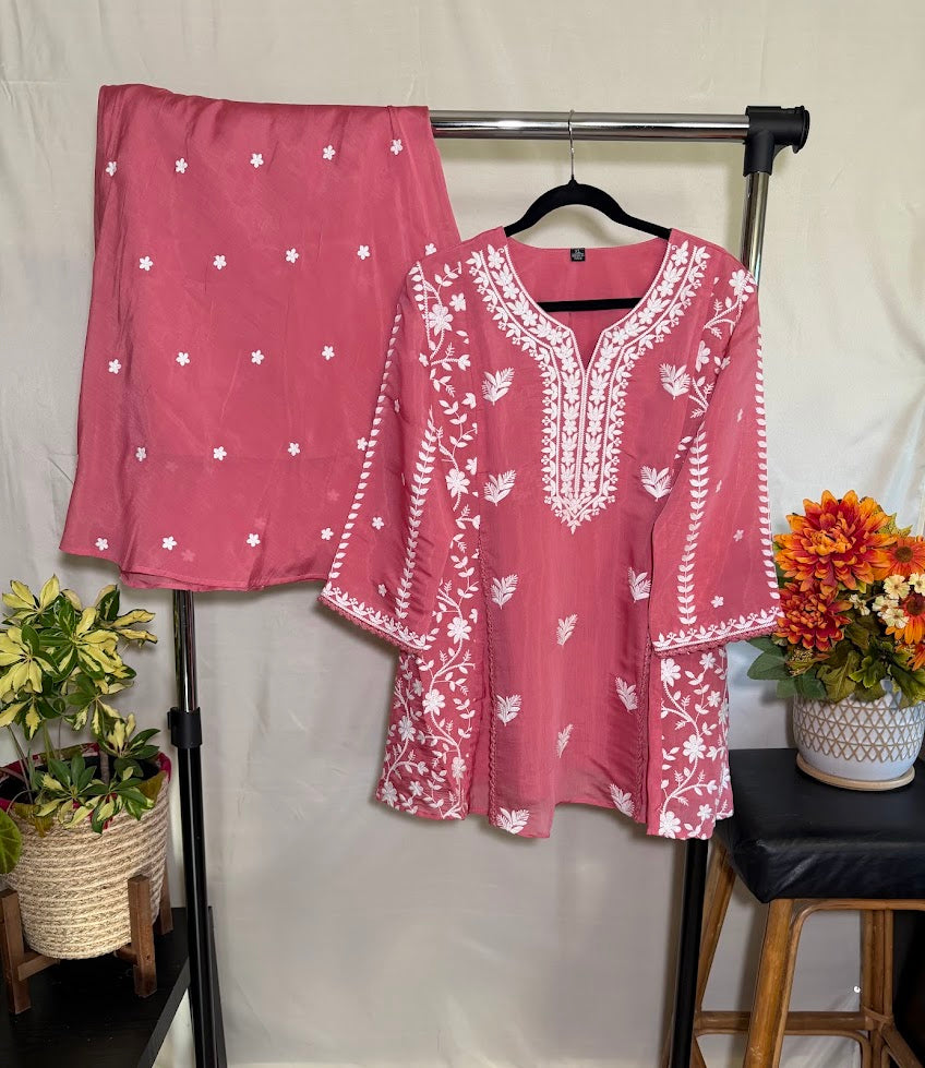 Rose Pink Chikankari Chanderi Co-ord Set - Flare Plazzo