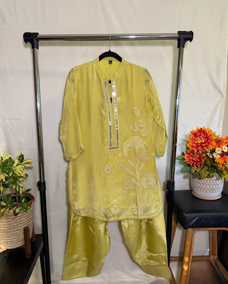 Light mehendi Organza Silk Pearl & Resham Embroidered   Co ord Set With Dupatta – Farsi Salwar