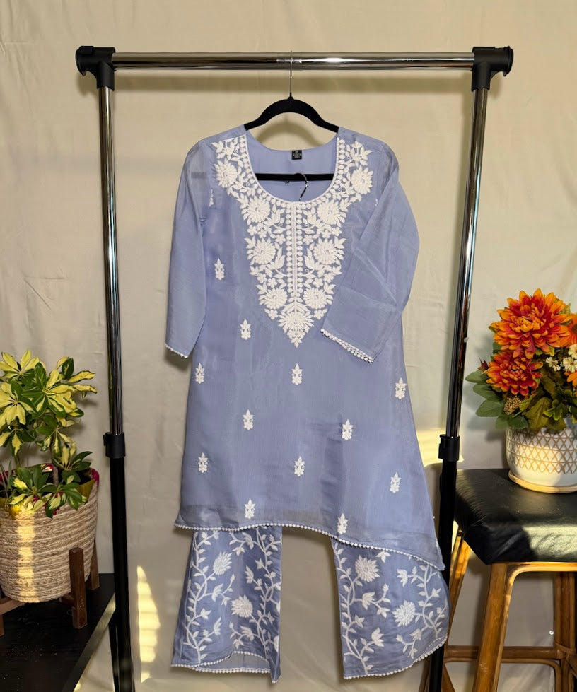 Grey Chanderi Blend Chikankari Co-Ord Set – Belled Bottom