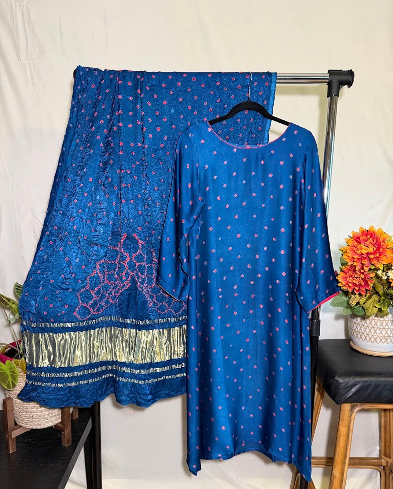 Peacock Blue Modal Silk Kurti With Dupatta