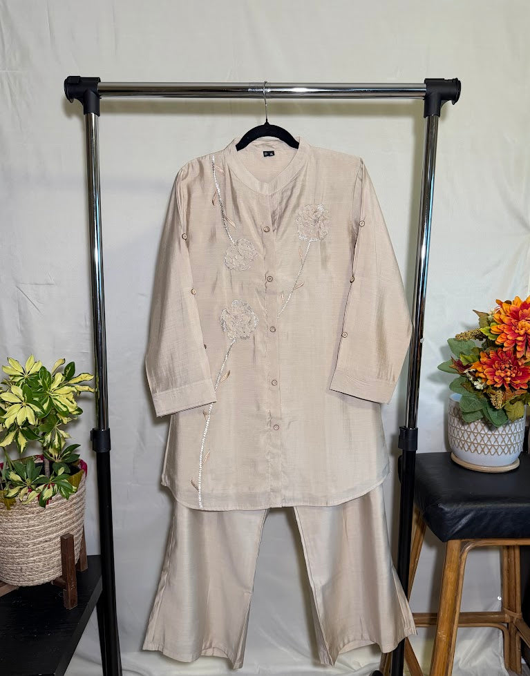 Beige Co-Ord Set With Floral Motifs – Straight Palazzo