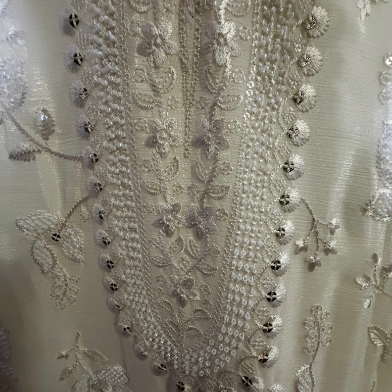 Off-White Chinon Silk  Embroidered  Suit With Dupatta – Flare Palazzo
