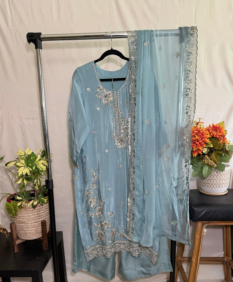 Grey Blue Crepe Embroidered Set With Dupatta – Wide-Legged Palazzo