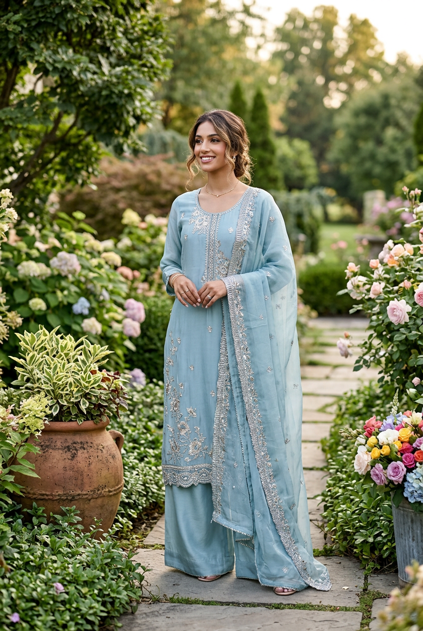 Grey Blue Crepe Embroidered Set With Dupatta – Wide-Legged Palazzo