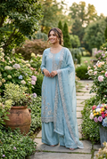 Grey Blue Crepe Embroidered Set With Dupatta – Wide-Legged Palazzo