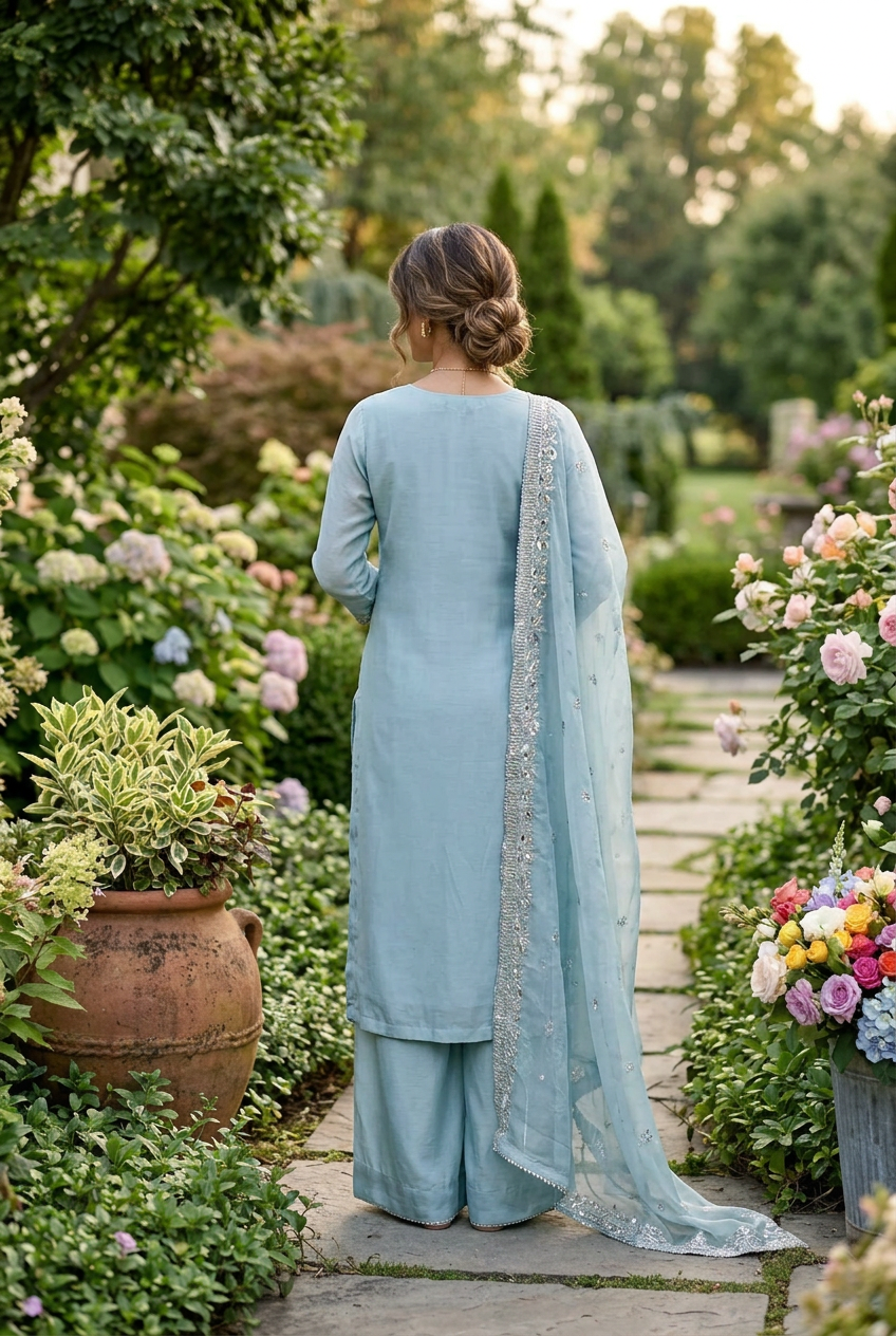 Grey Blue Crepe Embroidered Set With Dupatta – Wide-Legged Palazzo
