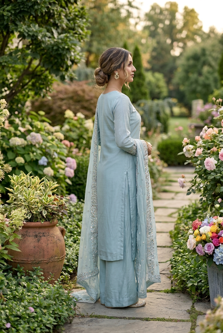 Grey Blue Crepe Embroidered Set With Dupatta – Wide-Legged Palazzo