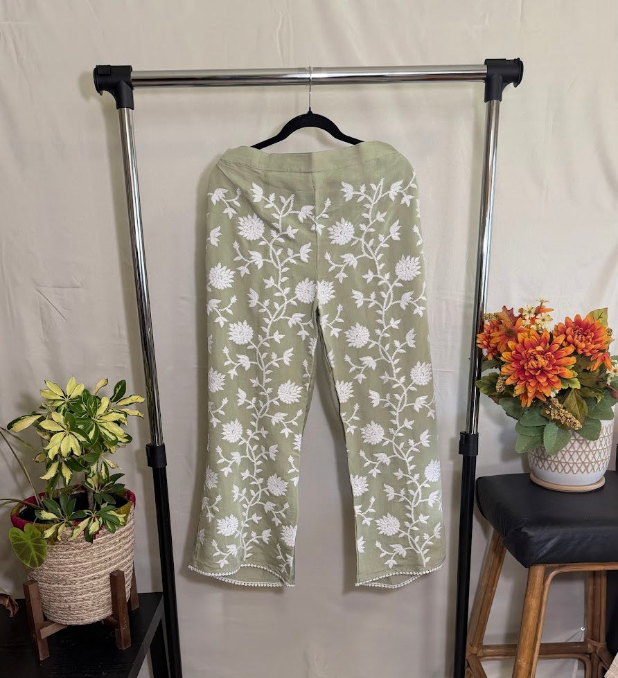 Pale Green Chanderi Chikankari Co-Ord Set – Belled Bottom
