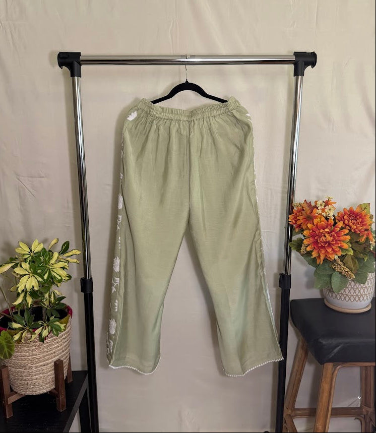 Pale Green Chanderi Chikankari Co-Ord Set – Belled Bottom