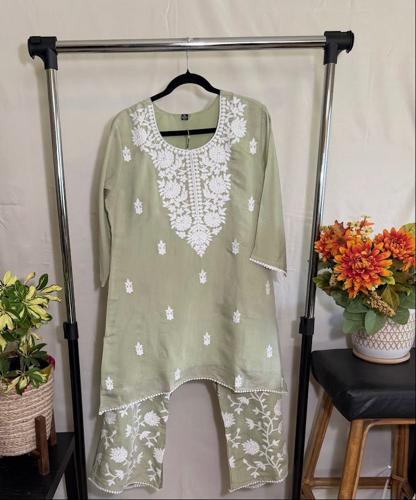 Pale Green Chanderi Chikankari Co-Ord Set – Belled Bottom