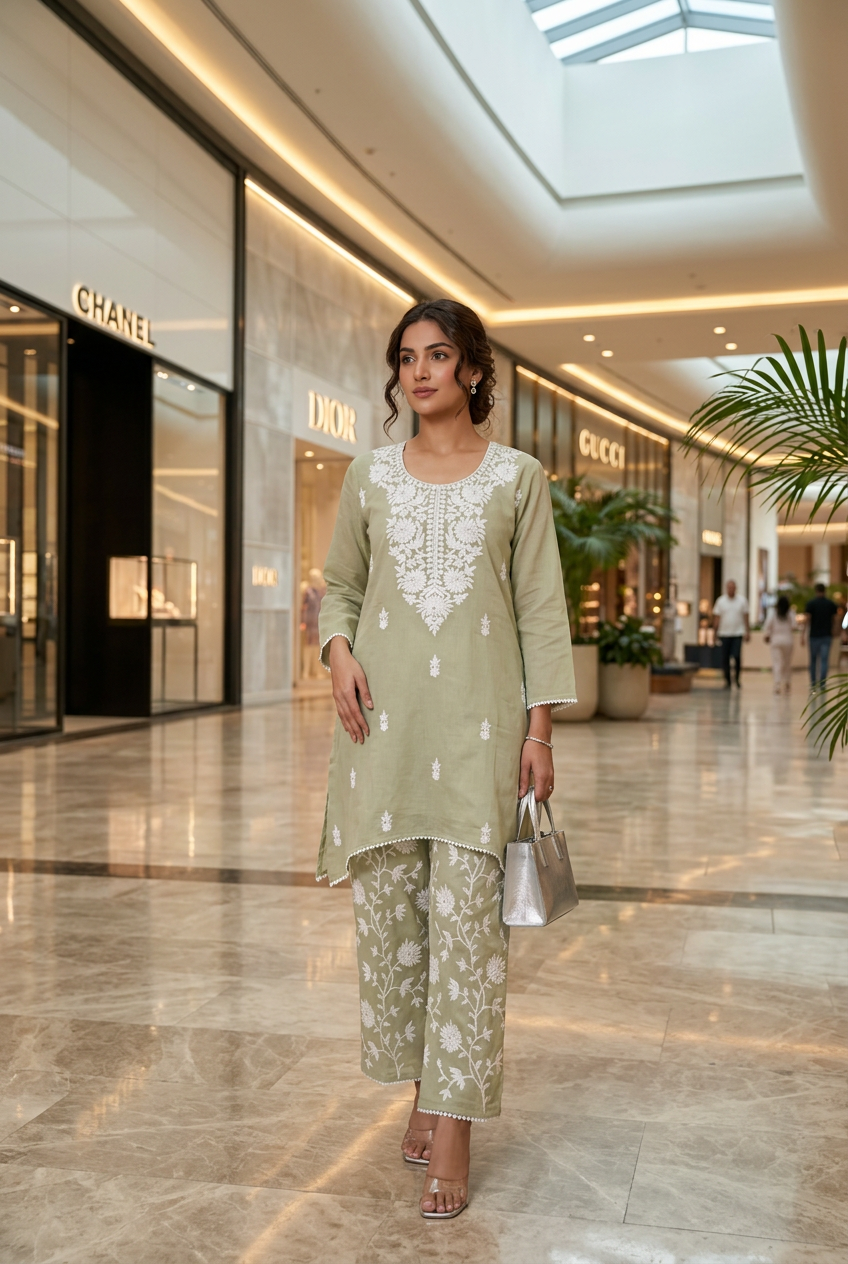Pale Green Chanderi Chikankari Co-Ord Set – Belled Bottom