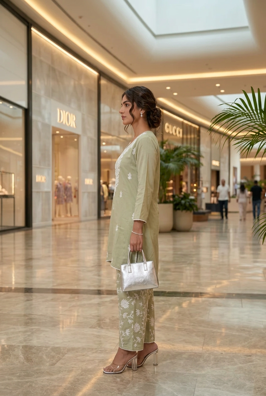 Pale Green Chanderi Chikankari Co-Ord Set – Belled Bottom