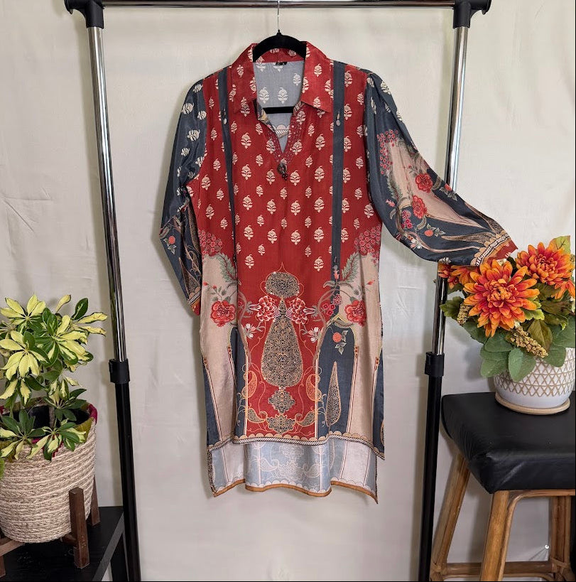 Brown & Grey Floral linen blend Co-Ord Set with – Straight Palazzo