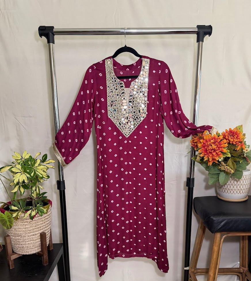 Magenta Modal Silk Kurti With Mirror Work & Bandhini Dupatta