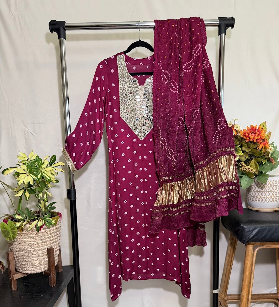 Magenta Modal Silk Kurti With Mirror Work & Bandhini Dupatta