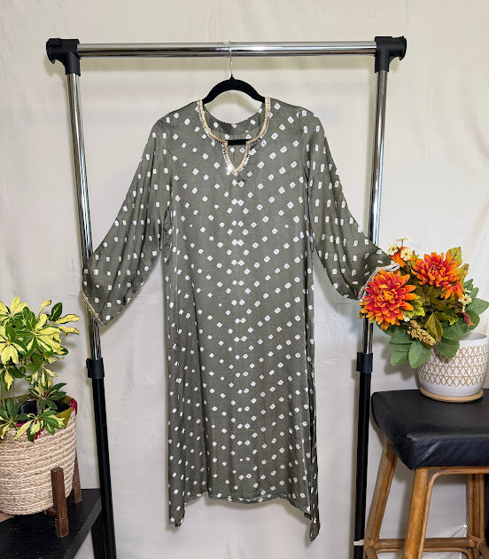 Sage Green Bandhini Kurti With Mirror Lace, Ajrak and Bandhini Dupatta