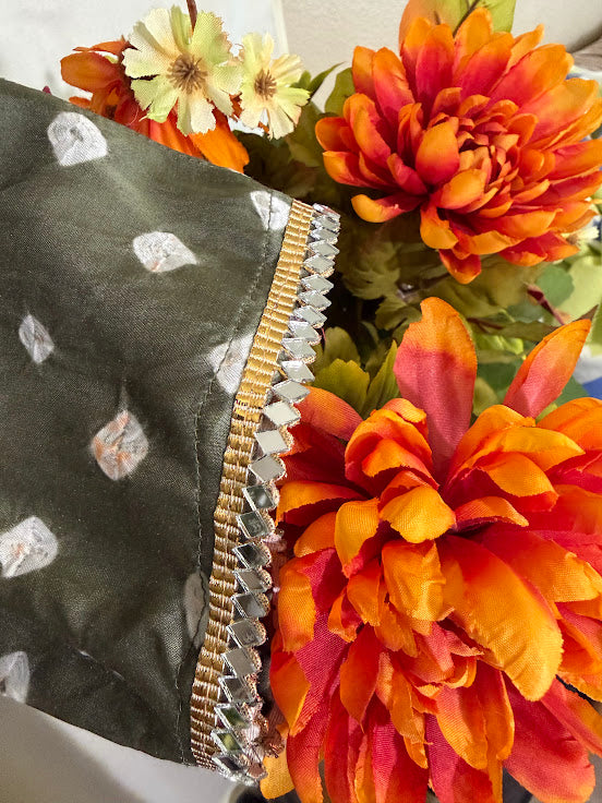 Sage Green Bandhini Kurti With Mirror Lace, Ajrak and Bandhini Dupatta